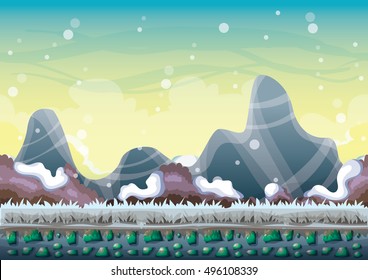 cartoon vector snow landscape background with separated layers for game and animation design asset in 2d graphic