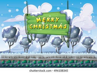 cartoon vector snow landscape background with separated layers for game and animation design asset in 2d graphic
