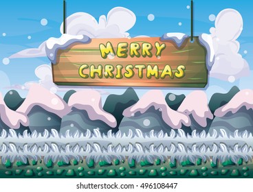 cartoon vector snow landscape background with separated layers for game and animation design asset in 2d graphic