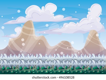 cartoon vector snow landscape background with separated layers for game and animation design asset in 2d graphic