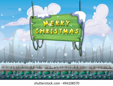 cartoon vector snow landscape background with separated layers for game and animation design asset in 2d graphic