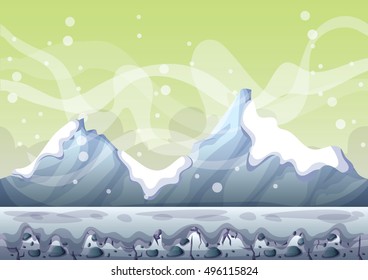 cartoon vector snow landscape background with separated layers for game and animation design asset in 2d graphic