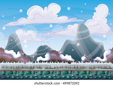cartoon vector snow landscape background with separated layers for game and animation game design asset in 2d graphic