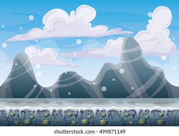 cartoon vector snow landscape background with separated layers for game and animation game design asset in 2d graphic