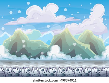 cartoon vector snow landscape background with separated layers for game and animation game design asset in 2d graphic