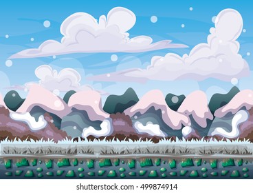 cartoon vector snow landscape background with separated layers for game and animation game design asset in 2d graphic