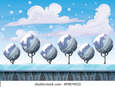 cartoon vector snow landscape background with separated layers for game and animation game design asset in 2d graphic
