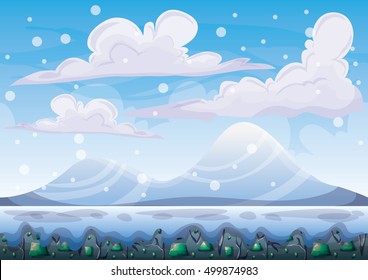 cartoon vector snow landscape background with separated layers for game and animation game design asset in 2d graphic