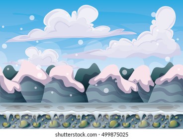 cartoon vector snow landscape background with separated layers for game and animation game design asset in 2d graphic