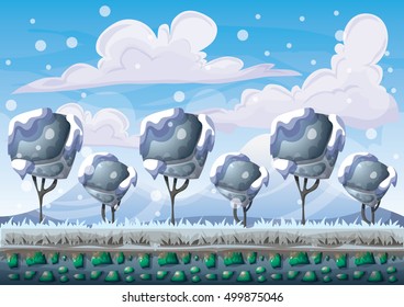 cartoon vector snow landscape background with separated layers for game and animation game design asset in 2d graphic