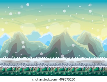 cartoon vector snow landscape background with separated layers for game and animation game design asset in 2d graphic