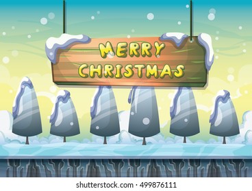 cartoon vector snow landscape background with separated layers for game and animation game design asset in 2d graphic