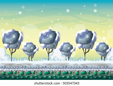 cartoon vector snow landscape background with separated layers for game and animation game design asset in 2d graphic