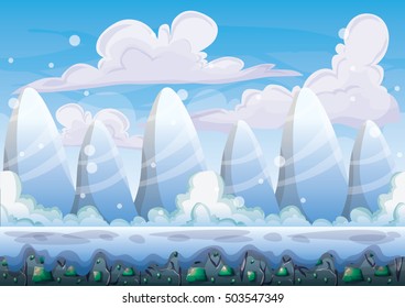 cartoon vector snow landscape background with separated layers for game and animation game design asset in 2d graphic