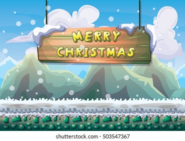 cartoon vector snow landscape background with separated layers for game and animation game design asset in 2d graphic