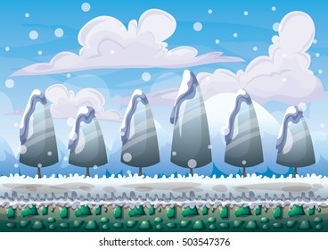 cartoon vector snow landscape background with separated layers for game and animation game design asset in 2d graphic