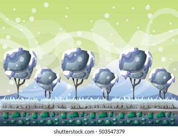 cartoon vector snow landscape background with separated layers for game and animation game design asset in 2d graphic
