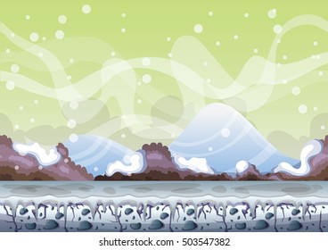 cartoon vector snow landscape background with separated layers for game and animation game design asset in 2d graphic