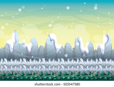 cartoon vector snow landscape background with separated layers for game and animation game design asset in 2d graphic