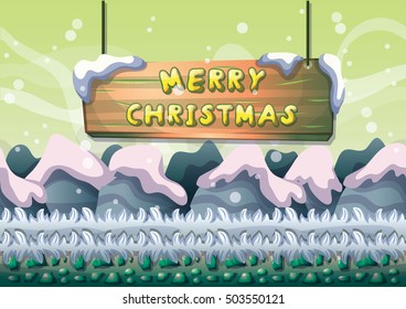 cartoon vector snow landscape background with separated layers for game and animation game design asset in 2d graphic
