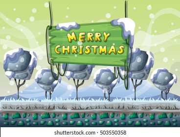 cartoon vector snow landscape background with separated layers for game and animation game design asset in 2d graphic