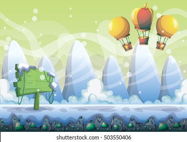 cartoon vector snow landscape background with separated layers for game and animation game design asset in 2d graphic