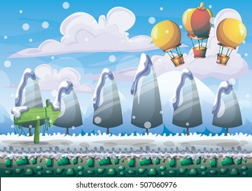 cartoon vector snow landscape background with separated layers for game and animation game design asset in 2d graphic