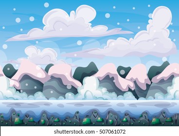 cartoon vector snow landscape background with separated layers for game and animation game design asset in 2d graphic