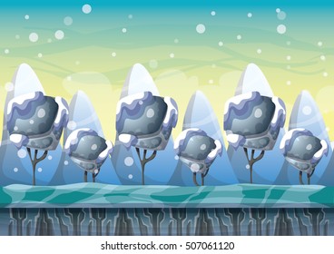 cartoon vector snow landscape background with separated layers for game and animation game design asset in 2d graphic