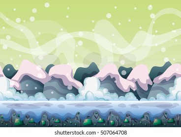 cartoon vector snow landscape background with separated layers for game and animation game design asset in 2d graphic