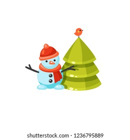 Cartoon vector snowman in a red hat with a new year tree and a little bird on it. Cute christmas illustration. Funny winter card. 