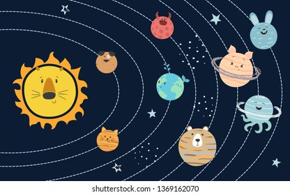 Cartoon vector solar system with cute planets for kids.