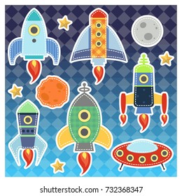 Cartoon vector space rockets graphic, moon, stars, ufo set