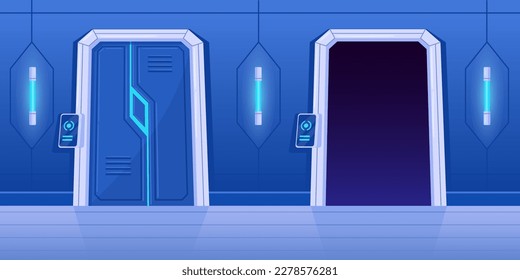 Cartoon Vektor Raumschiff Gateway. Futuristische geschlossene und offene Tore, Raumschiff-Türen zur Steuerung von Raum-Flavektor-Vektorgrafik