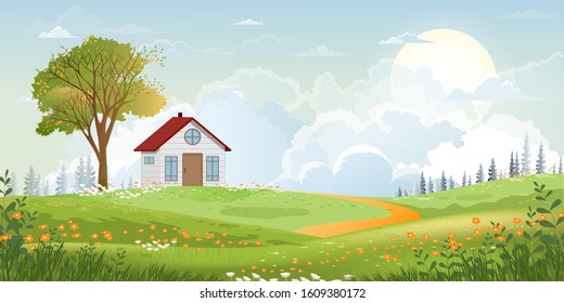 Cartoon vector Spring landscape with mountain, 
blue sky and cloud,Panorama Green fields, farmhouse on sunny day summer,Peaceful nature in springtime with grass land and wild flowers in countryside Uk