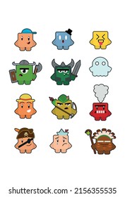 Cartoon vector sprites icons character for games.Non-fungible token Blockchain Game. NFT design.Emoji web stickers faces. Skins. Land crypto art.Emotions Sprite. Spritesheet Animations.Square skin.