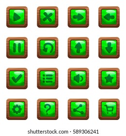 Cartoon vector square buttons set with green middles and icons in wooden frame, isolated on white background.