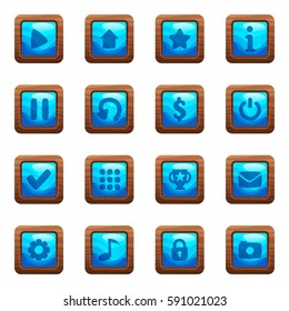 Cartoon vector square buttons set with blue middles and icons in wooden frame, isolated on white background.