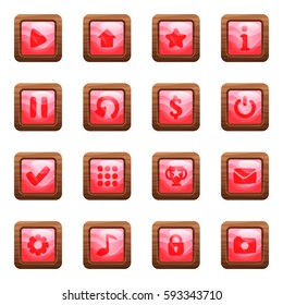 Cartoon vector square buttons set with pink middles and icons in wooden frame, isolated on white background.