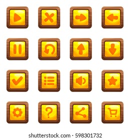 Cartoon vector square buttons set with yellow middles and icons in wooden frame, isolated on white background.