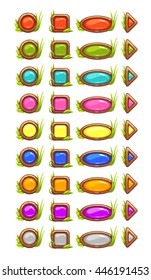 Cartoon vector square, round, long oval buttons and arrows with colorful middles and nature elements, isolated on white