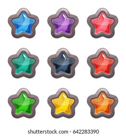 Cartoon vector star shaped rocky buttons set with colorful middles in a stone frame, isolated on white background.
