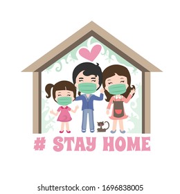 cartoon vector stay at home concept. Happy family wear a mask quarantined in the house.