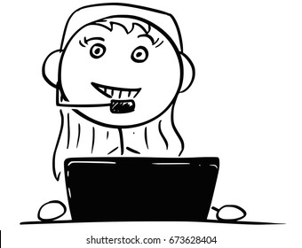 Cartoon vector stick man drawing of female Call Center Customer Support Service Representative