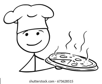 Cartoon vector stick man drawing of male cook chef in chefs hat holding plate tray with pizza.