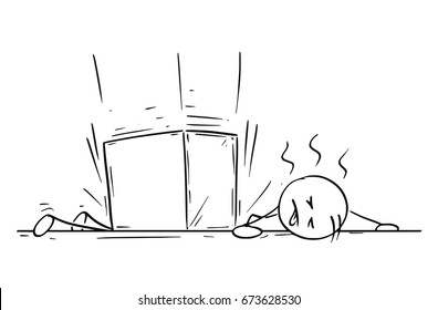 Cartoon vector stick man drawing of a man who was hit wounded killed by large paper box falling, work accident