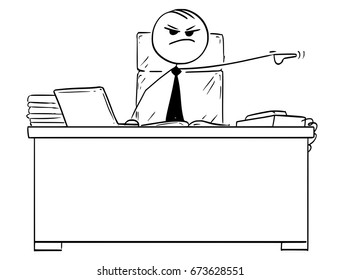 Cartoon vector stick man drawing boss behind office desk pointing his left arm to fire dismiss worker 