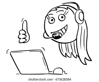 Cartoon vector stick man drawing of female Call Center Customer Support Service Representative with thumb up