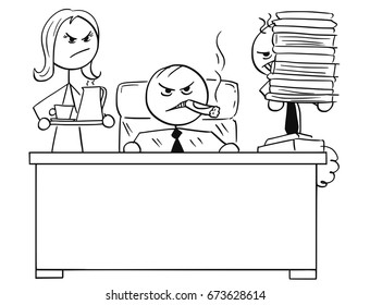 Cartoon vector stick man drawing of angry boss with big cigar sitting behind his desk with male assistant and female secretary behind him.