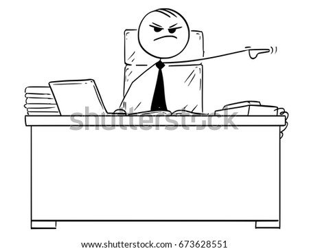 Cartoon vector stick man drawing of boss behind office desk pointing his left arm to fire dismiss a worker.